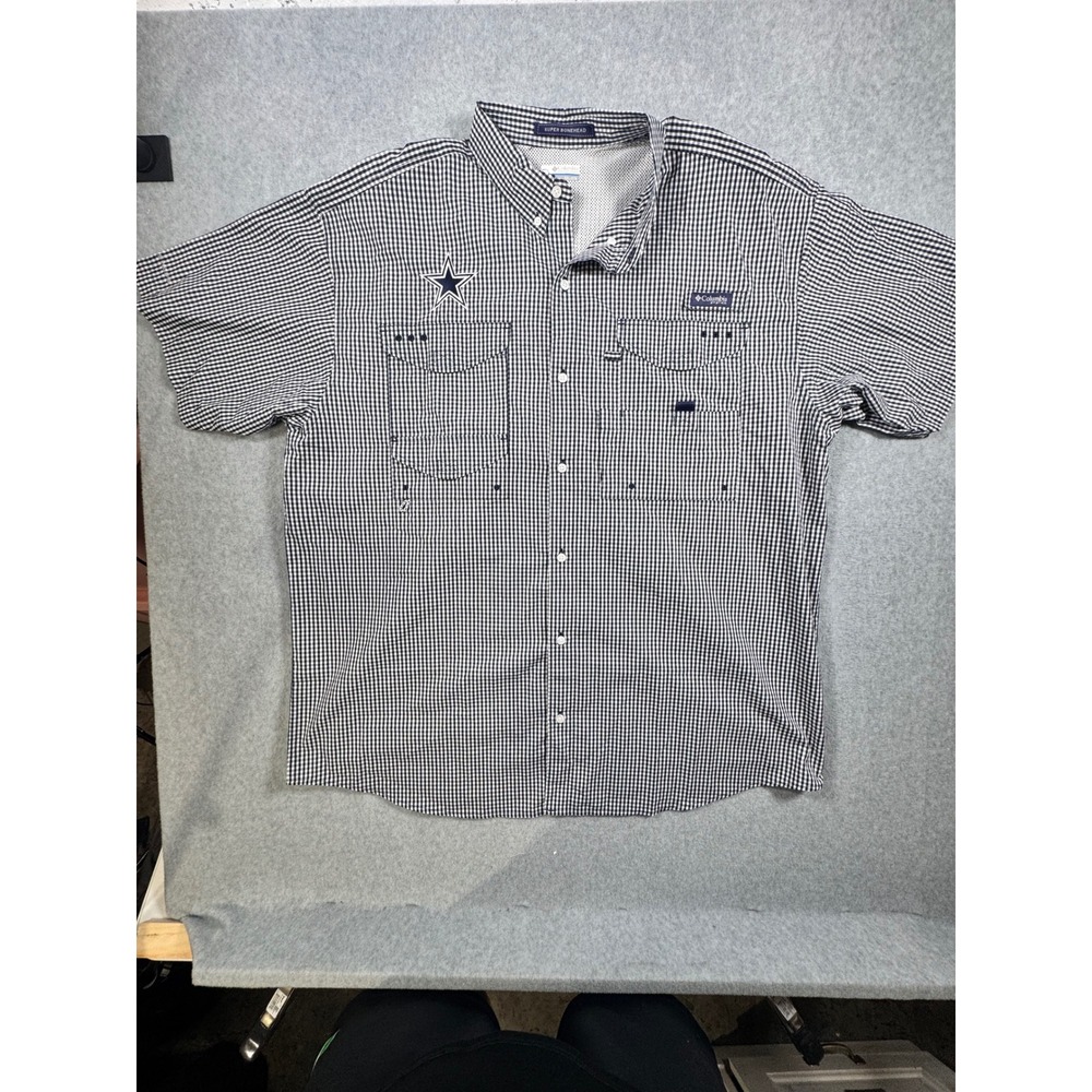 Columbia PFG Super Bonehead Dallas Cowboys Shirt Mens XXL Gingham Fishing Navy
